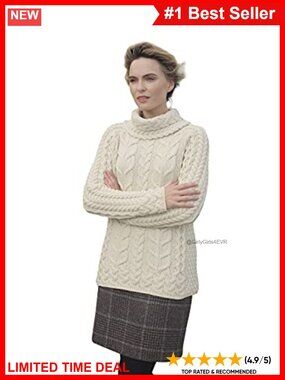 Merino Wool Cowl Neck Knit Irish Aran Sweater Pullover
